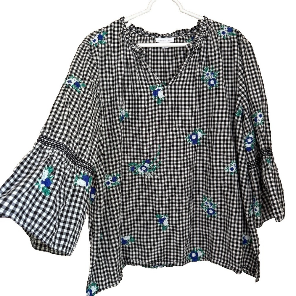 Charter Club Embroidered Floral Gingham Bell Sleeve Top 2X Cottagecore Prairie